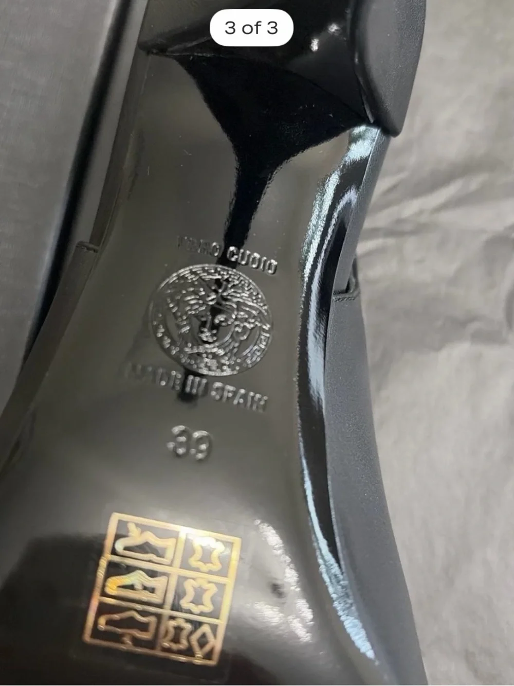 Versace Black Leather Slingback Heels with Gold Buckle